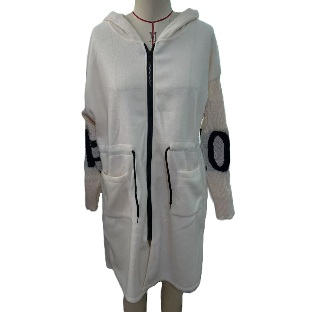 Hooded Longline Zip Up Knit Coat - White