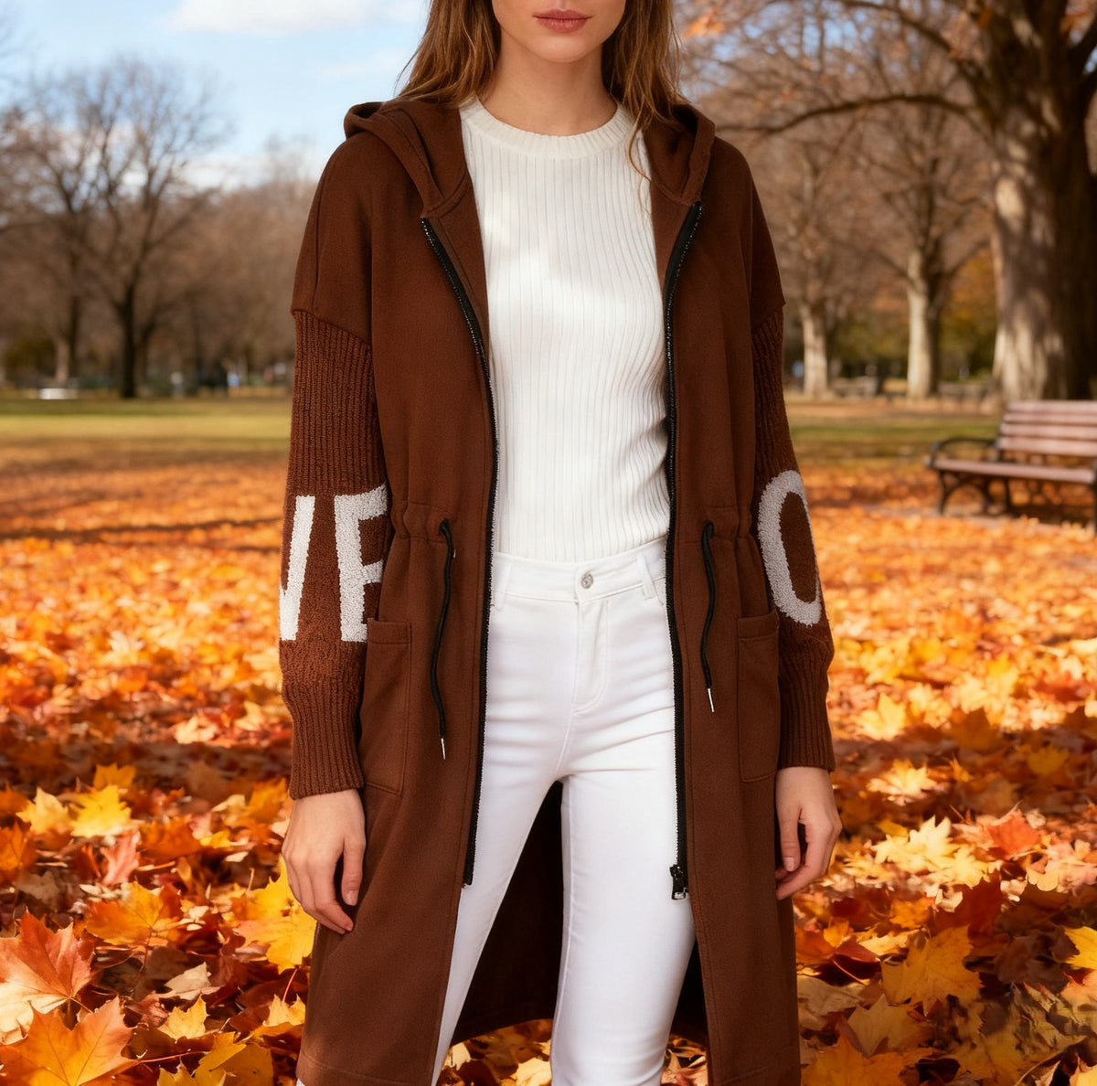 Hooded Longline Zip Up Knit Coat
