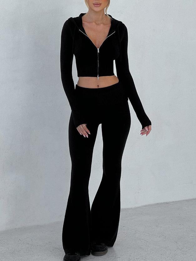 Cropped Zip Hoodie And Flare Pants Set - Black - 1