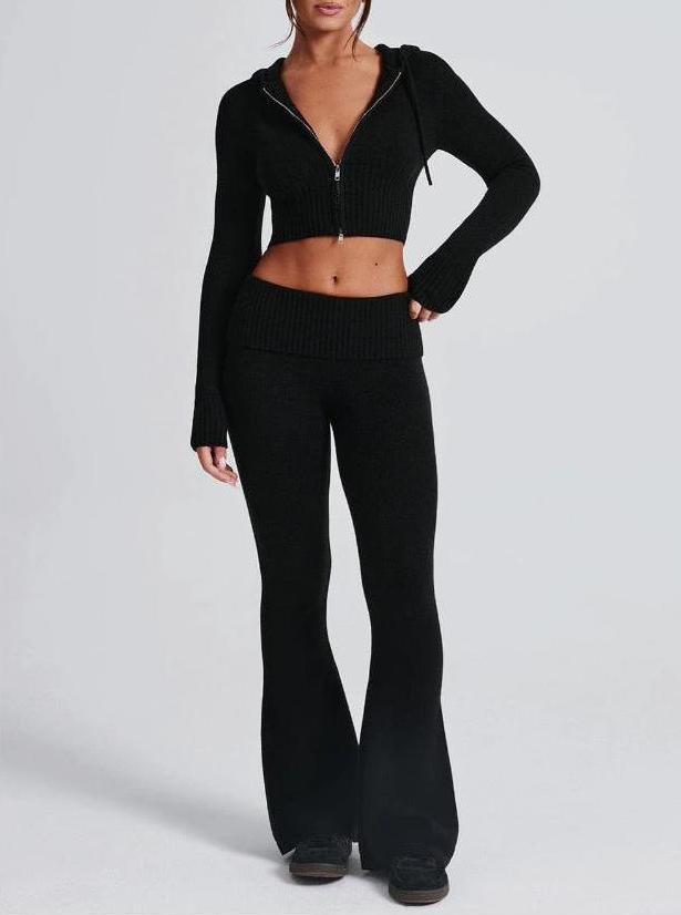 Cropped Zip Hoodie And Flare Pants Set - Black - 2
