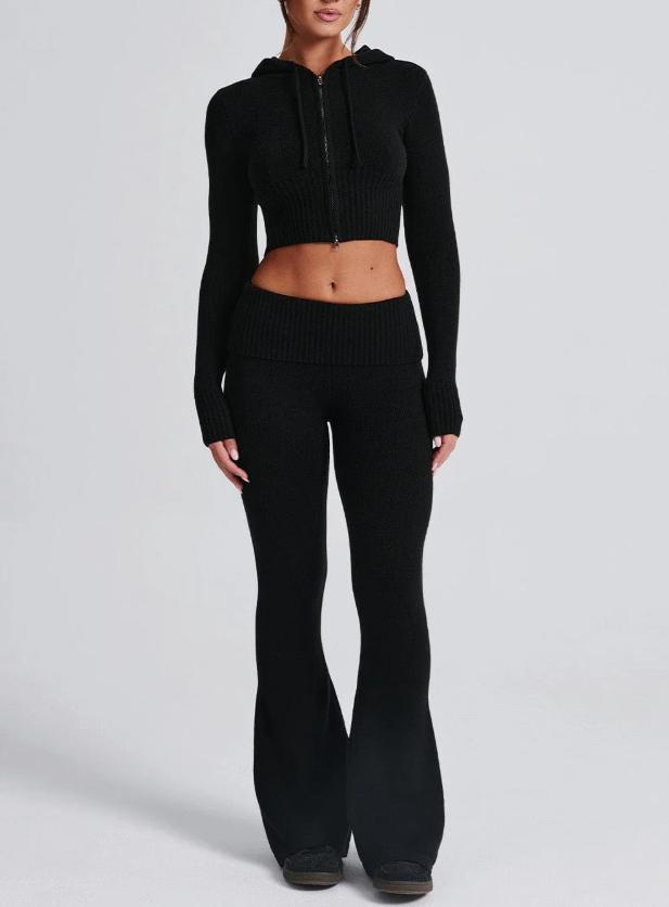 Cropped Zip Hoodie And Flare Pants Set - Black - 3
