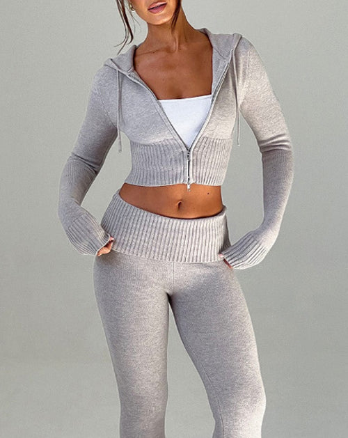 Cropped Zip Hoodie And Flare Pants Set - Grey