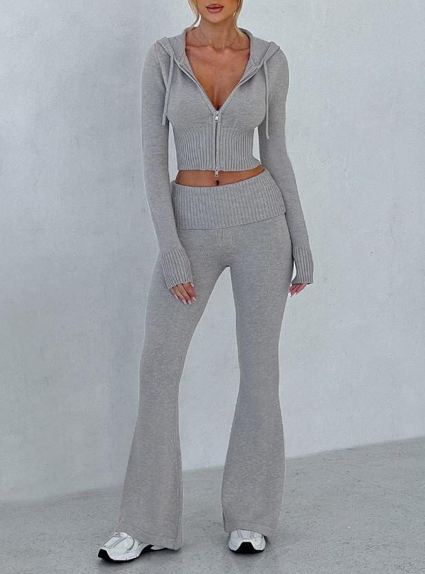 Cropped Zip Hoodie And Flare Pants Set - Grey - 1