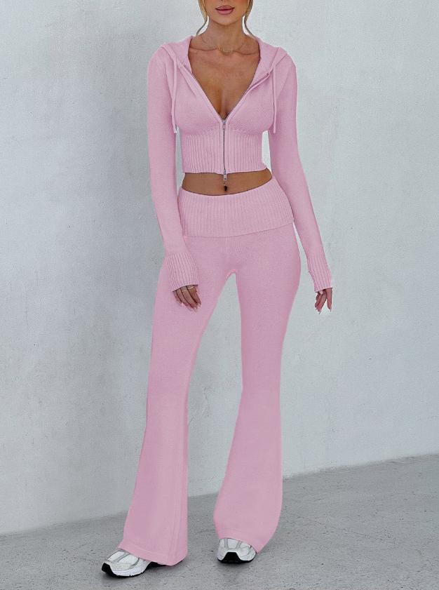 Cropped Zip Hoodie And Flare Pants Set - Pink