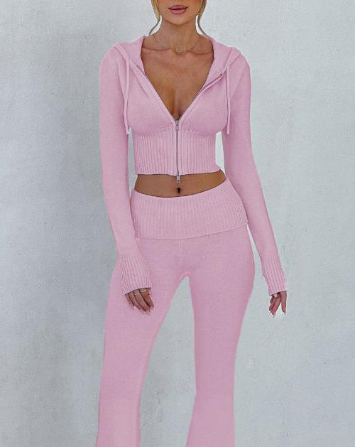 Cropped Zip Hoodie And Flare Pants Set - Pink - 1