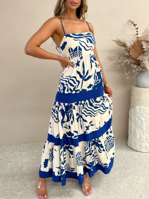 Abstract Print Tiered Maxi Slip Dress