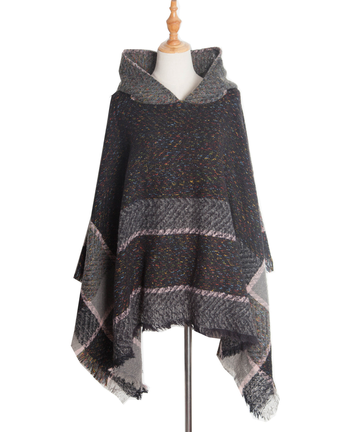Herringbone Colorblock Hooded Fringe Poncho - Black