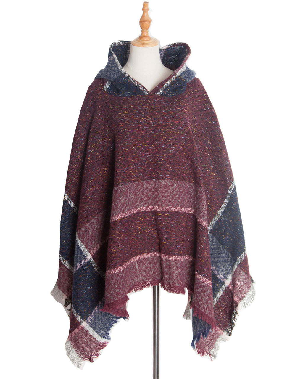 Herringbone Colorblock Hooded Fringe Poncho - Burgundy