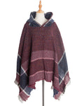 Herringbone Colorblock Hooded Fringe Poncho - Burgundy