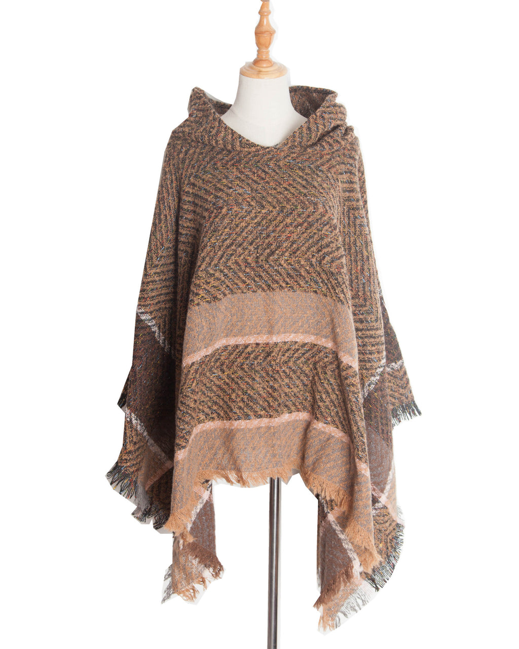 Herringbone Colorblock Hooded Fringe Poncho - Coffee