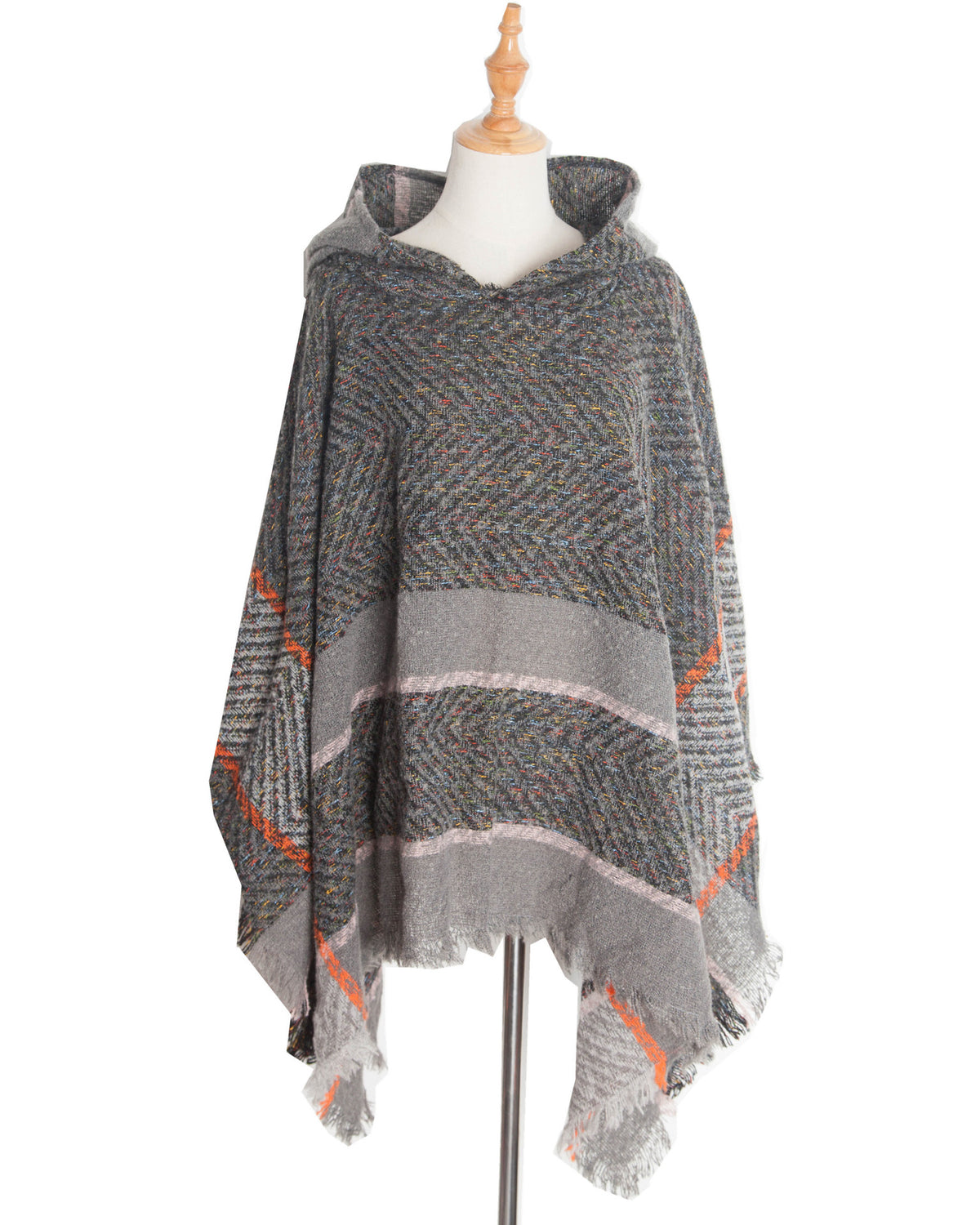 Herringbone Colorblock Hooded Fringe Poncho - Gray