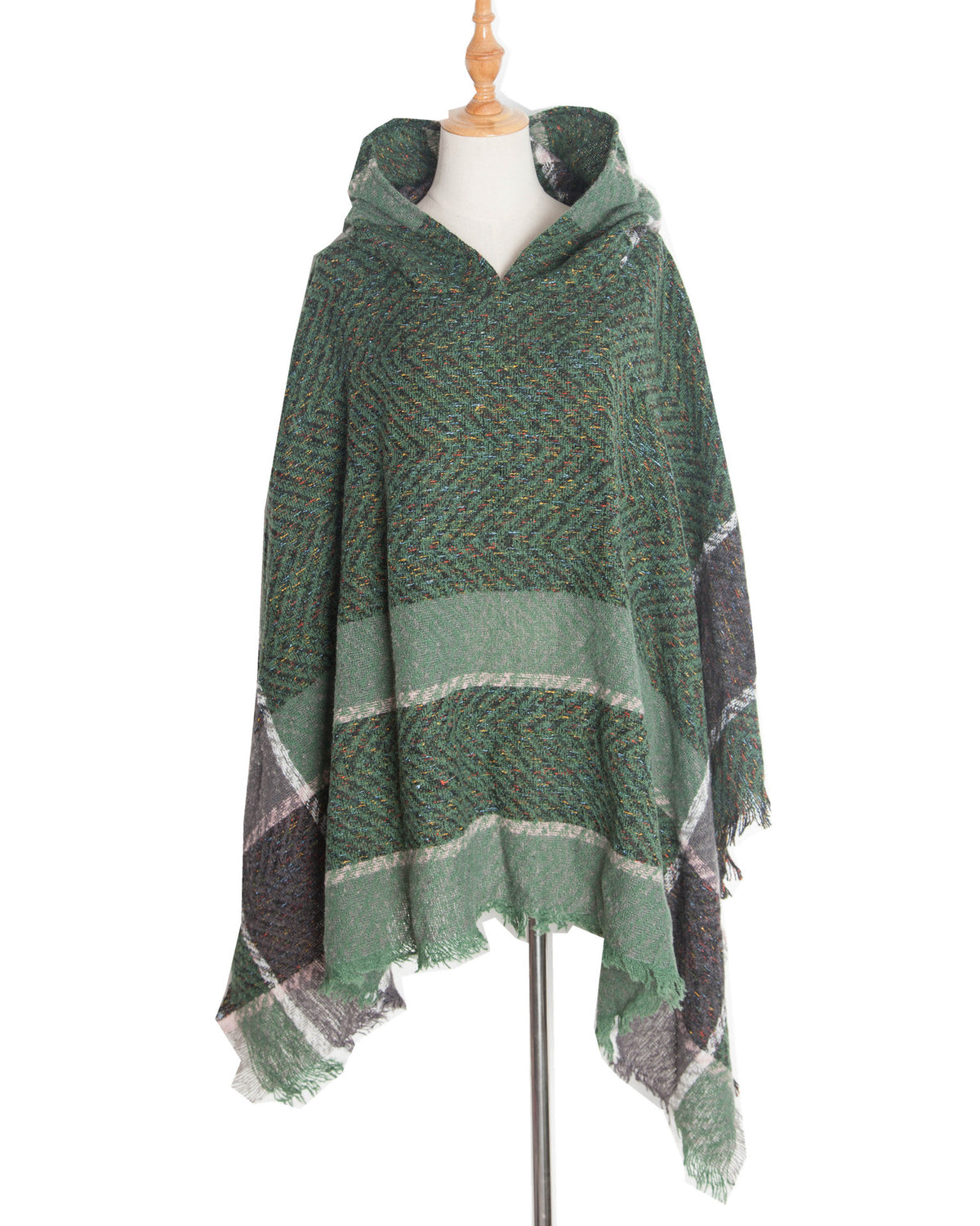 Herringbone Colorblock Hooded Fringe Poncho - Green