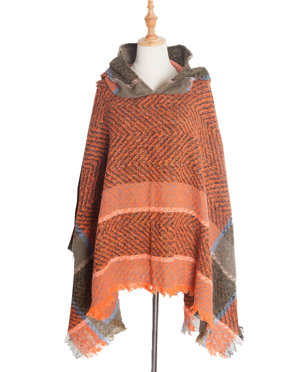 Herringbone Colorblock Hooded Fringe Poncho - Orange - 1