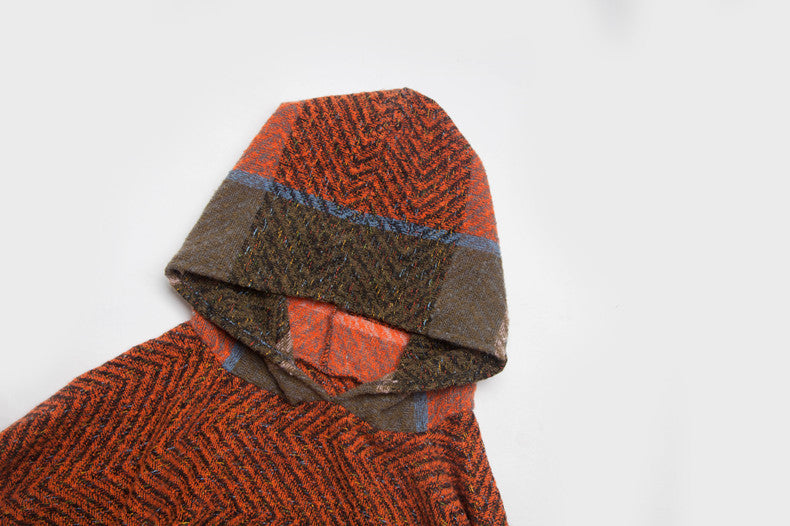 Herringbone Colorblock Hooded Fringe Poncho - Orange - 10