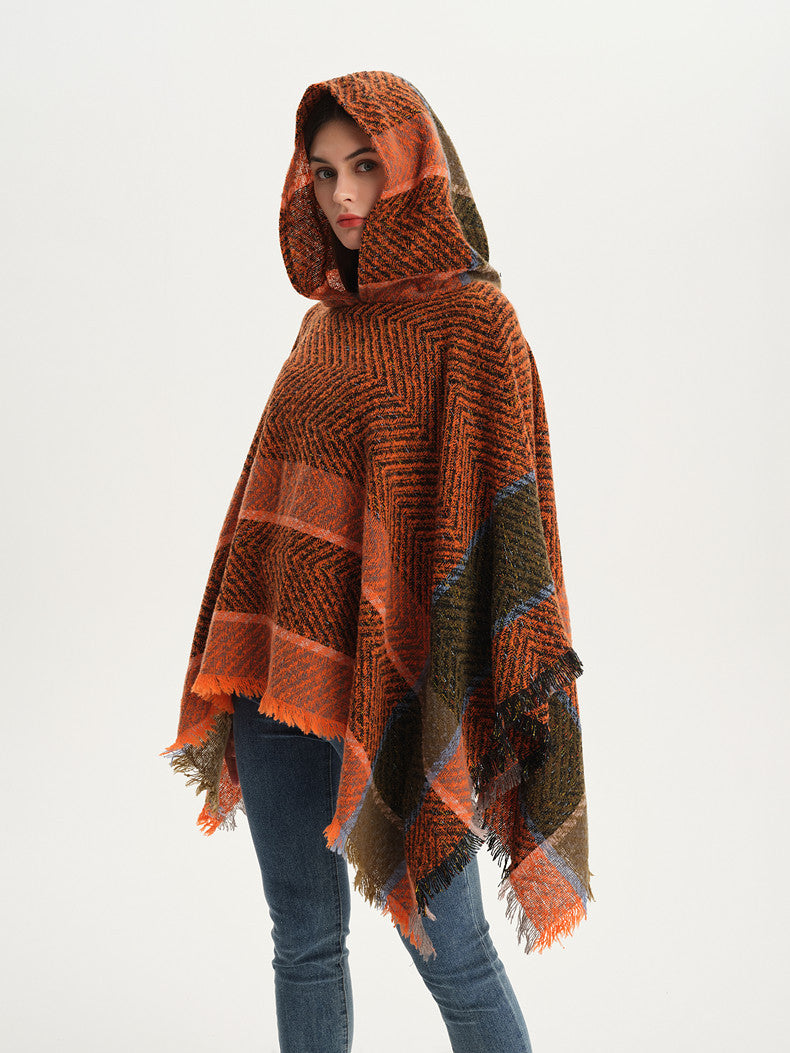 Herringbone Colorblock Hooded Fringe Poncho - Orange - 11