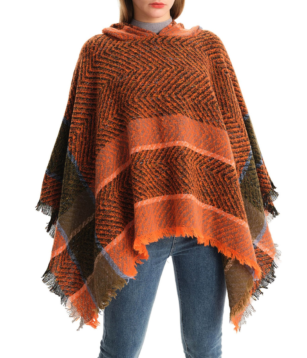 Herringbone Colorblock Hooded Fringe Poncho - Orange - 2
