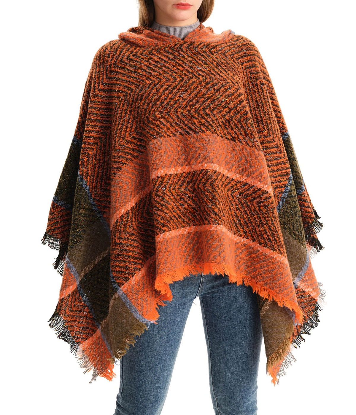 Herringbone Colorblock Hooded Fringe Poncho - Orange - 2