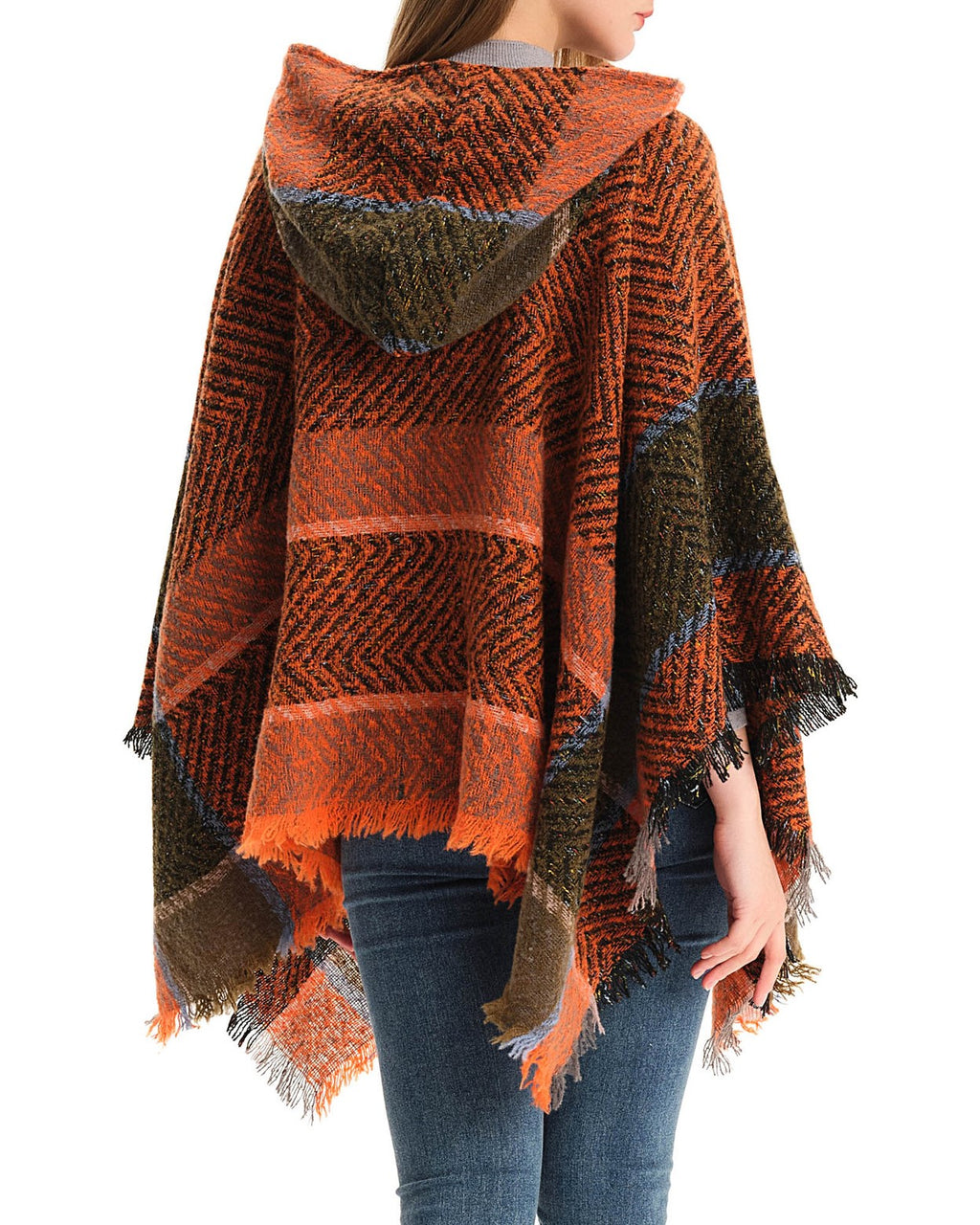 Herringbone Colorblock Hooded Fringe Poncho - Orange - 3