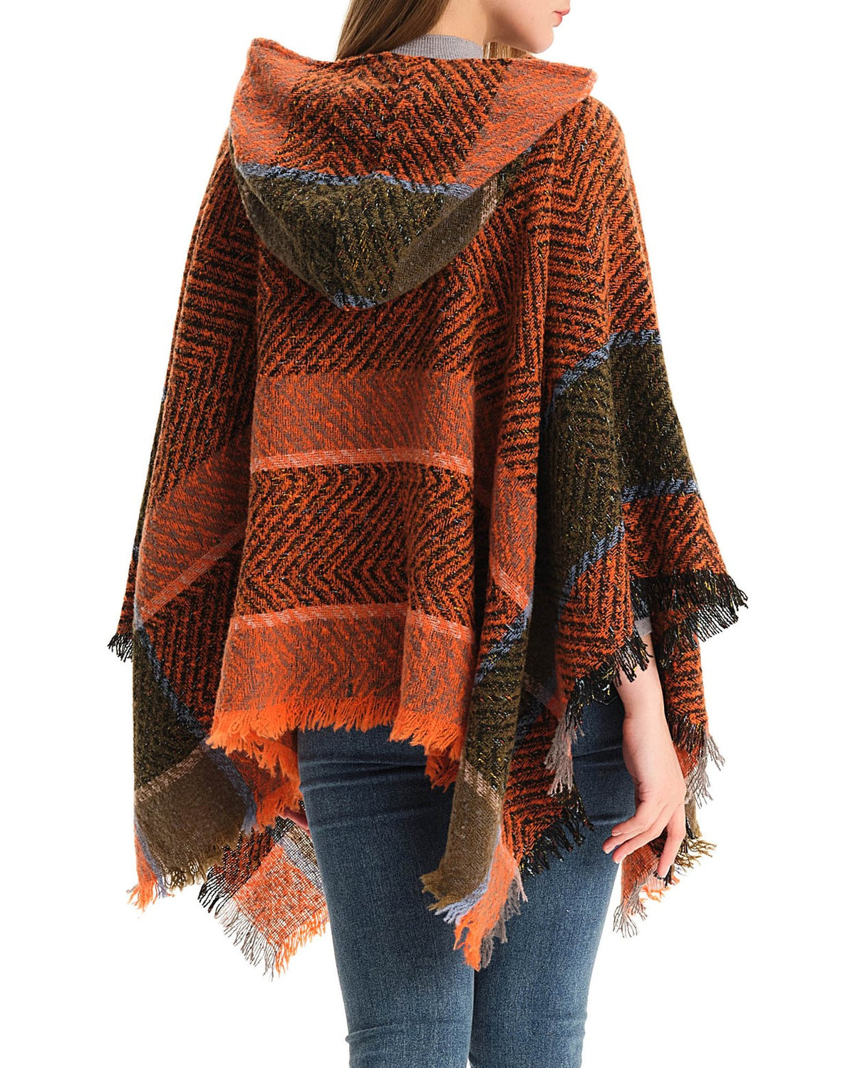 Herringbone Colorblock Hooded Fringe Poncho - Orange - 3