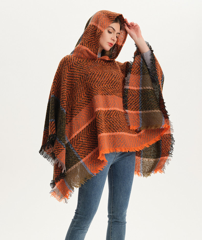 Herringbone Colorblock Hooded Fringe Poncho - Orange - 5