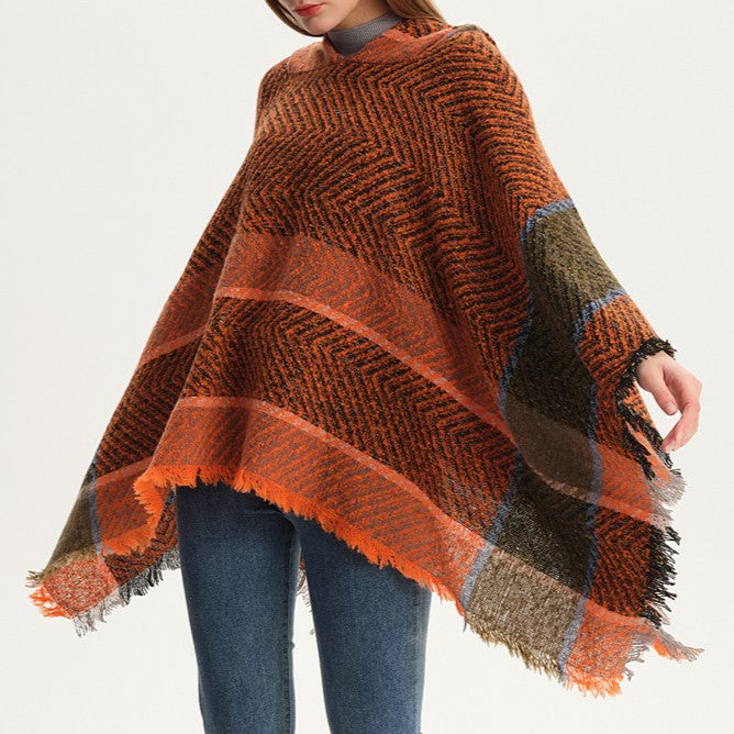 Herringbone Colorblock Hooded Fringe Poncho - Orange - 6