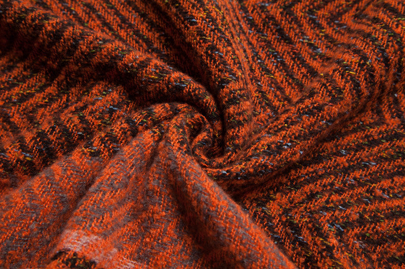 Herringbone Colorblock Hooded Fringe Poncho - Orange - 7