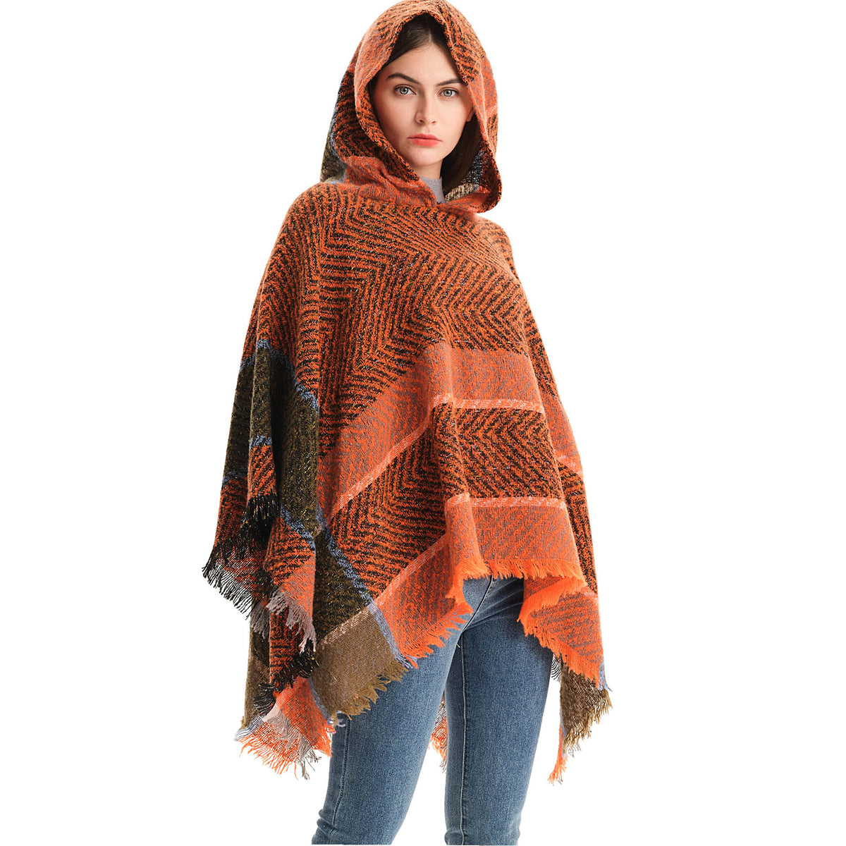 Herringbone Colorblock Hooded Fringe Poncho - Orange - 8