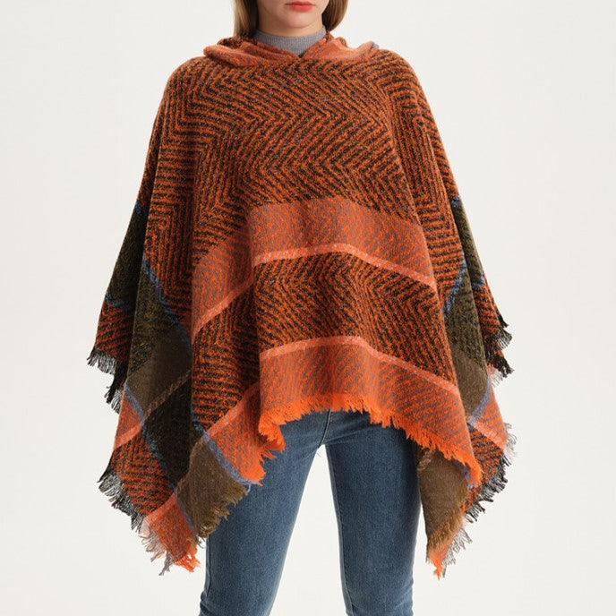 Herringbone Colorblock Hooded Fringe Poncho - Orange - 9