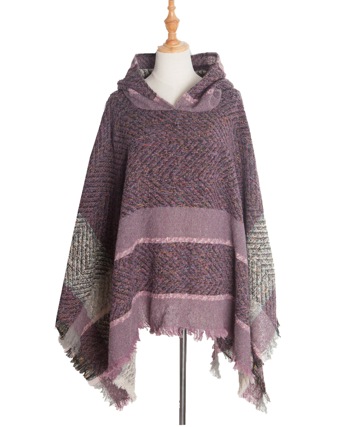 Herringbone Colorblock Hooded Fringe Poncho - Purple