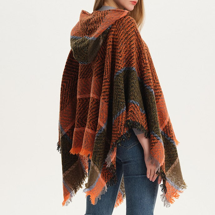 Herringbone Colorblock Hooded Fringe Poncho