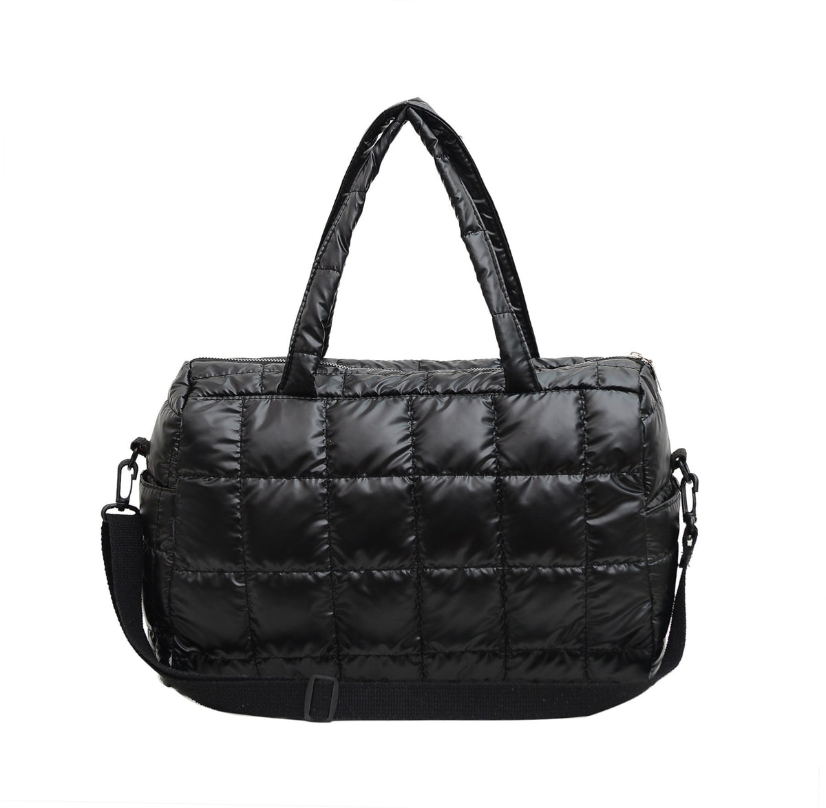 Quilted Puffer Tote Bag With Crossbody Strap - Black