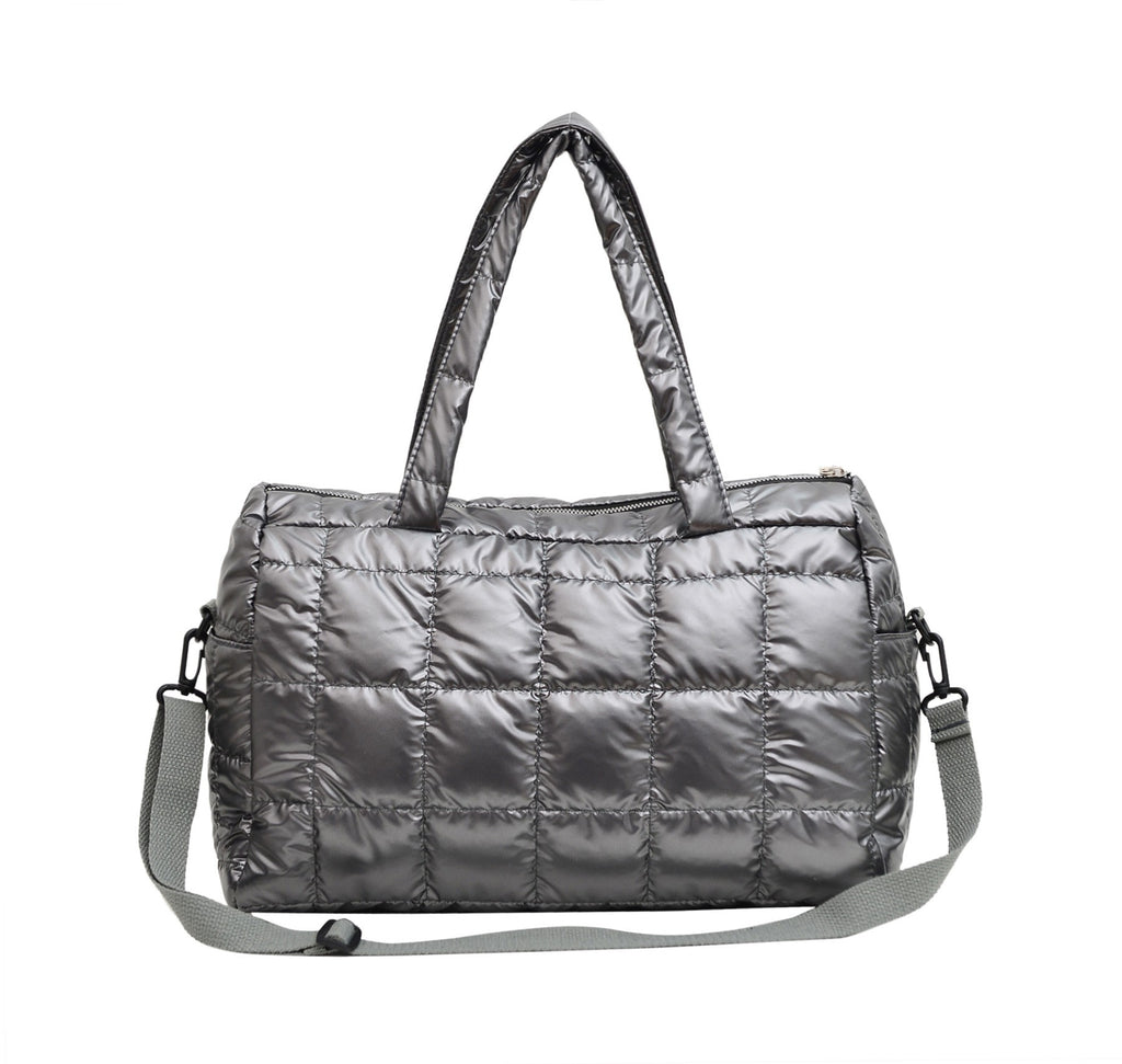 Quilted Puffer Tote Bag With Crossbody Strap - Silver Gray