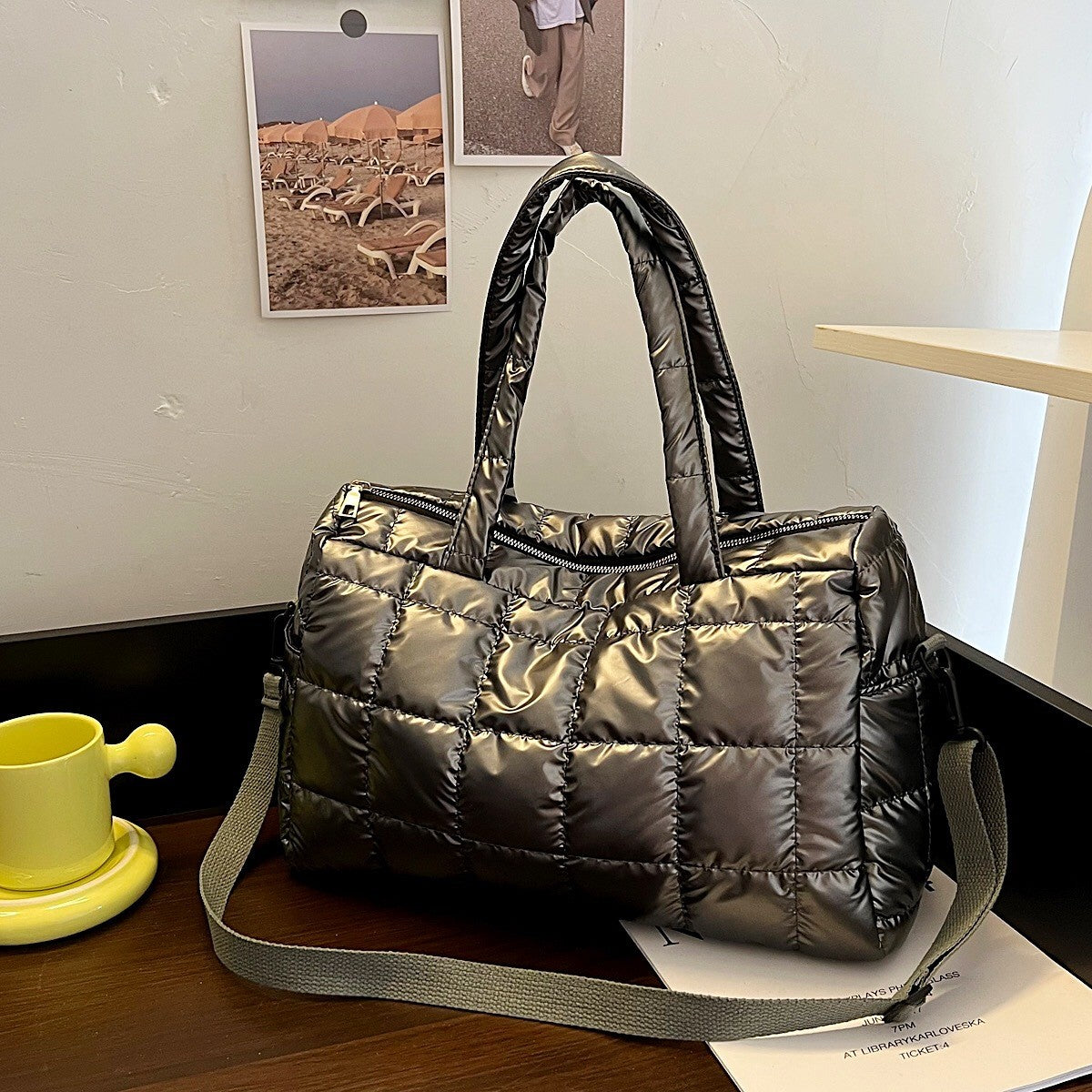 Quilted Puffer Tote Bag With Crossbody Strap