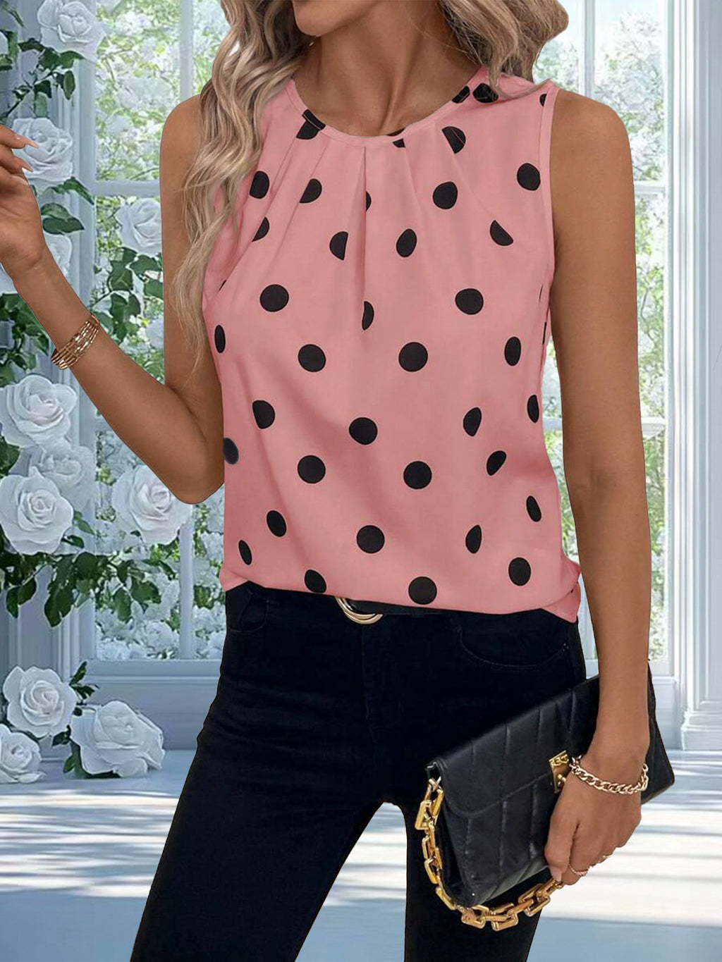Polka Dot Sleeveless Scallop Hem Tank Top - Pink