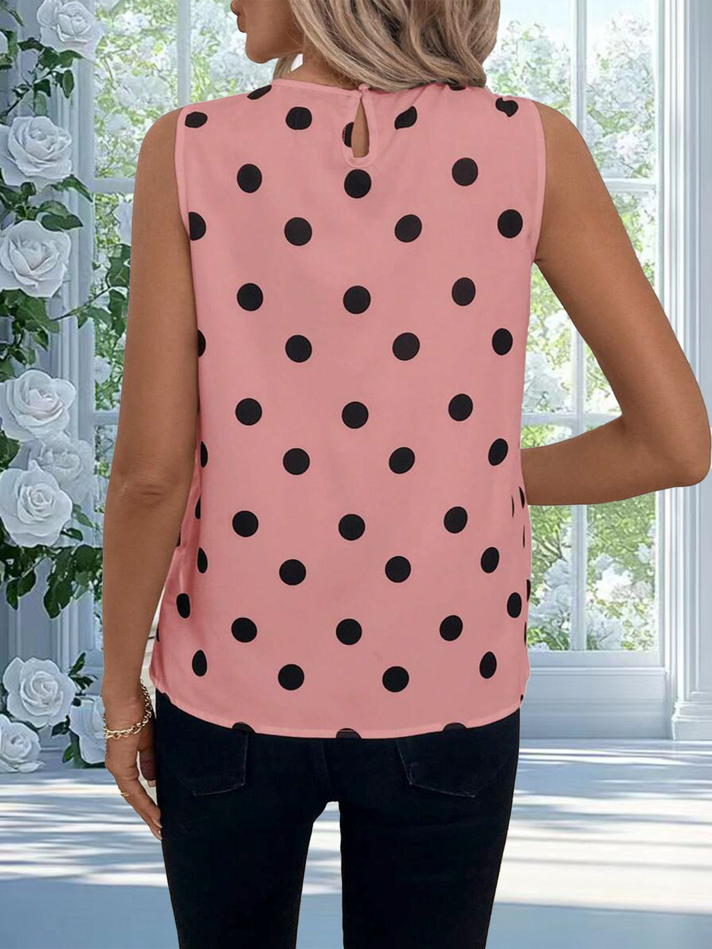 Polka Dot Sleeveless Scallop Hem Tank Top - Pink - 1