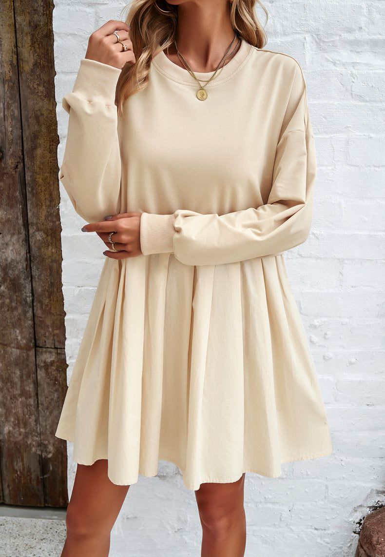 Colorblock Sweatshirt Dress With Pleated Skirt - Apricot