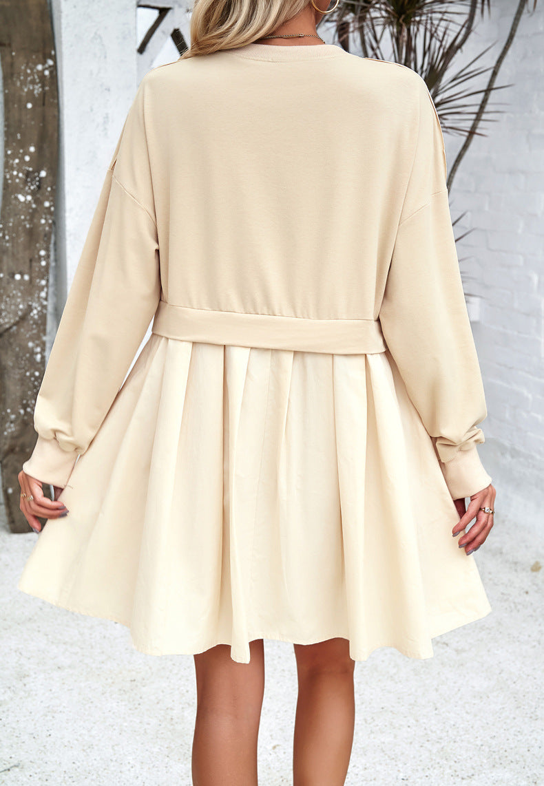 Colorblock Sweatshirt Dress With Pleated Skirt - Apricot - 2