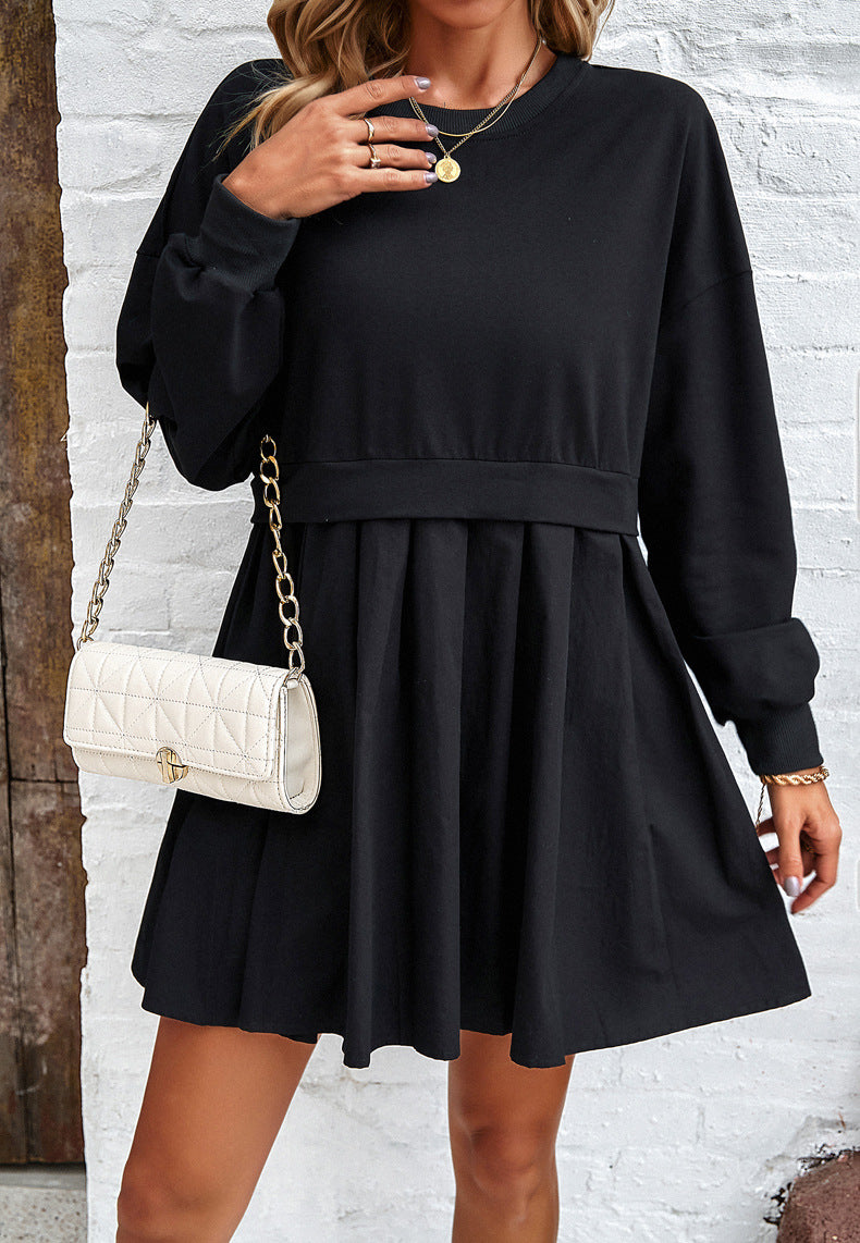 Colorblock Sweatshirt Dress With Pleated Skirt - Black - 1