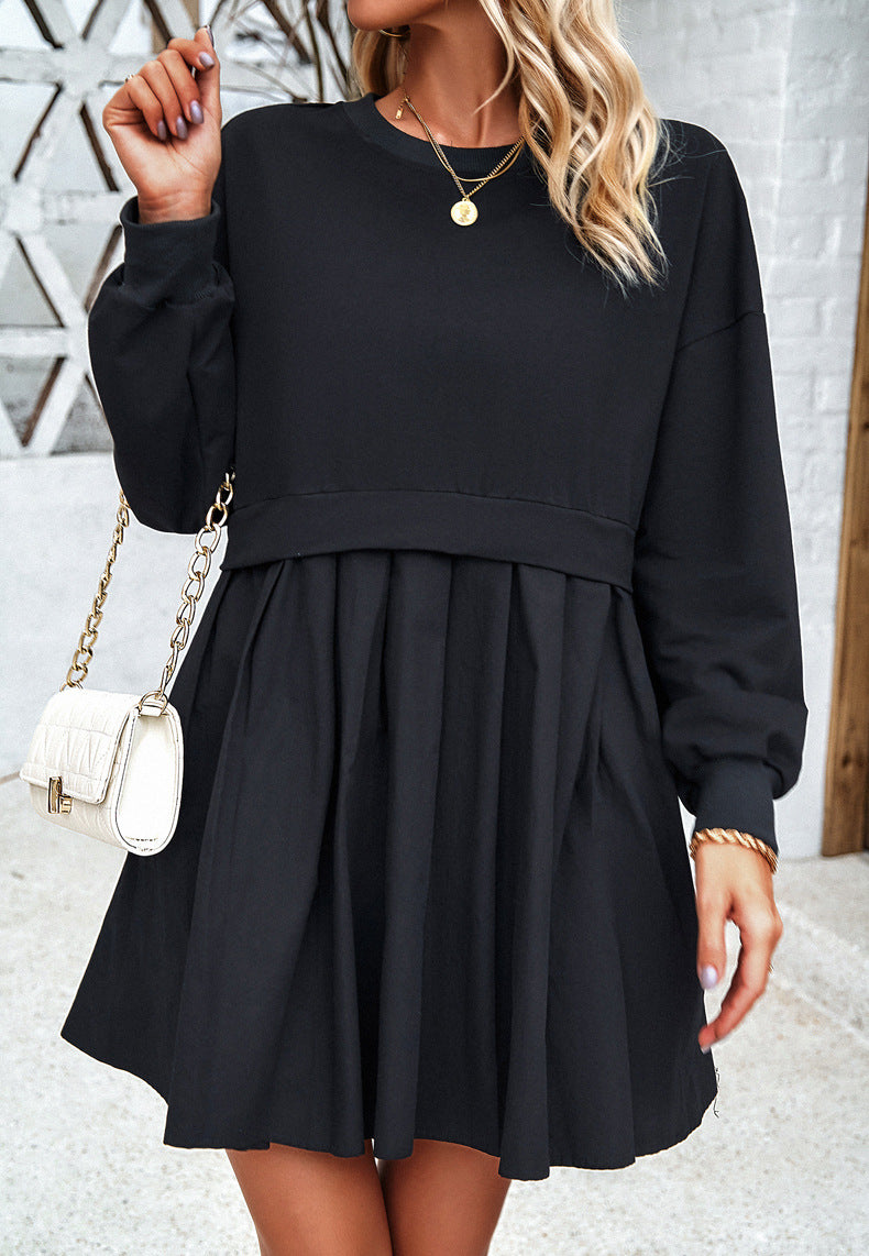Colorblock Sweatshirt Dress With Pleated Skirt - Black - 2