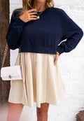 Colorblock Sweatshirt Dress With Pleated Skirt - Navyblue