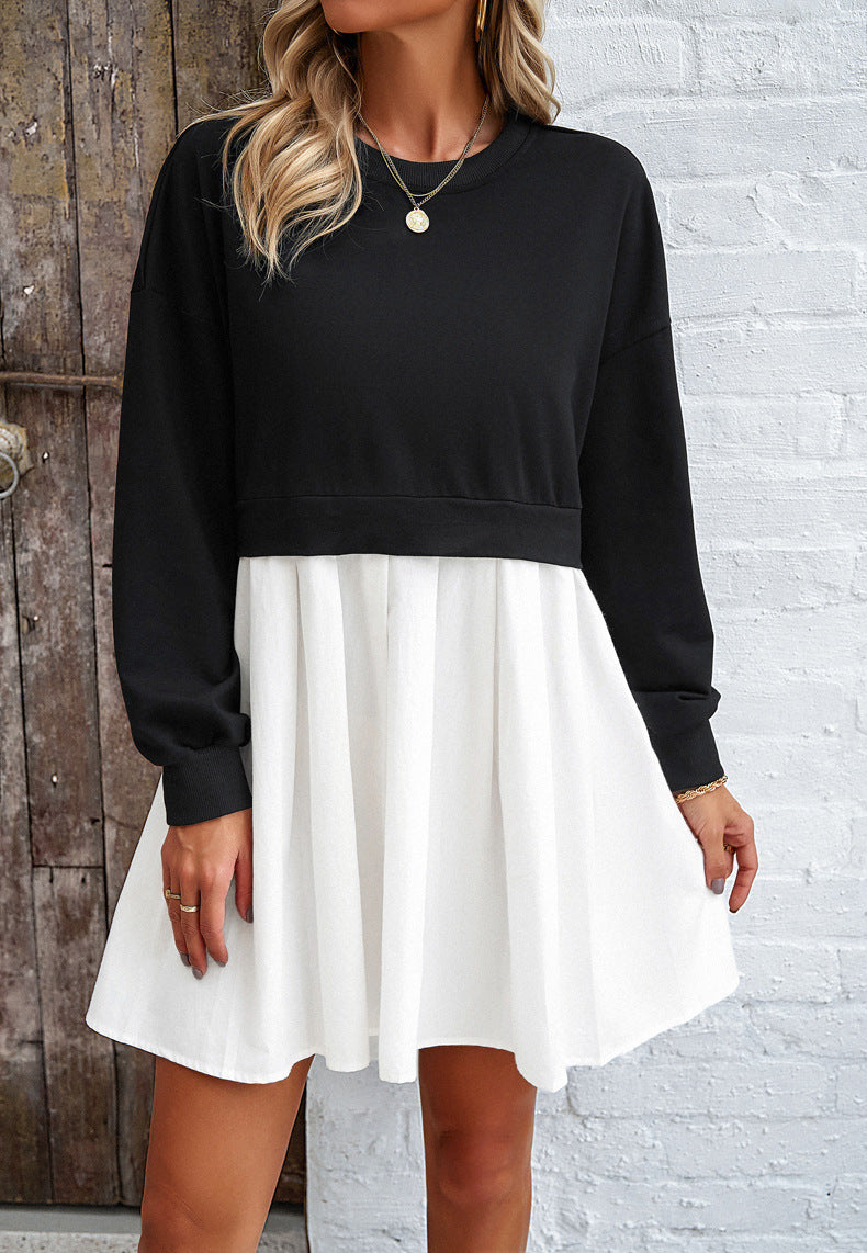 Colorblock Sweatshirt Dress With Pleated Skirt - White - 1