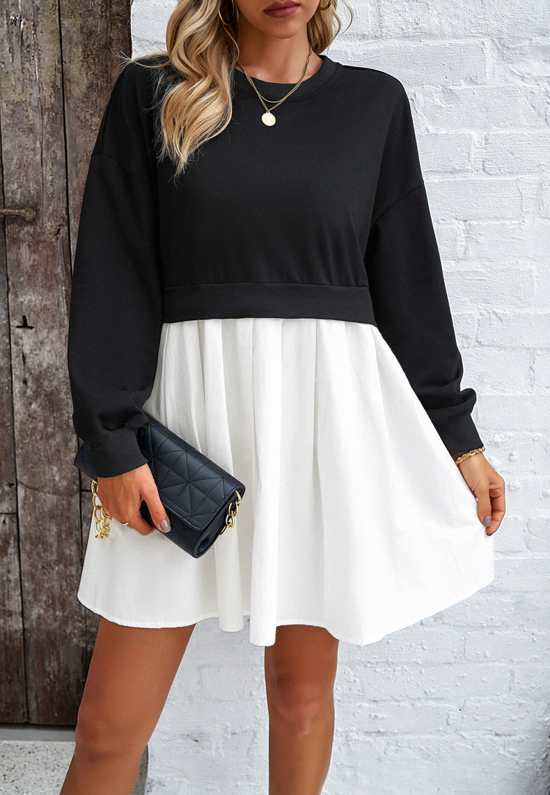 Colorblock Sweatshirt Dress With Pleated Skirt - White - 2