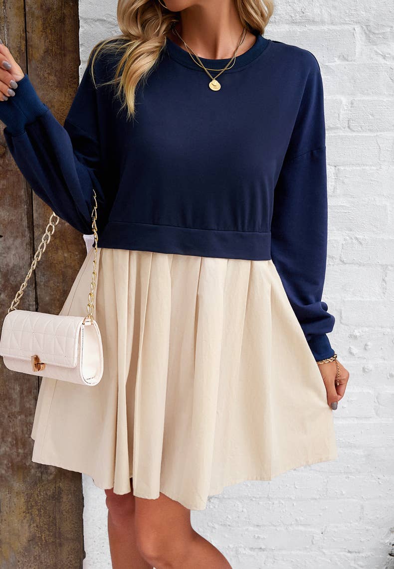 Colorblock Sweatshirt Dress With Pleated Skirt