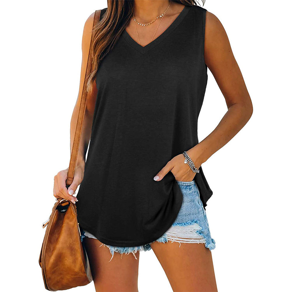 V-Neck Curved Hem Sleeveless Tank Top - Black