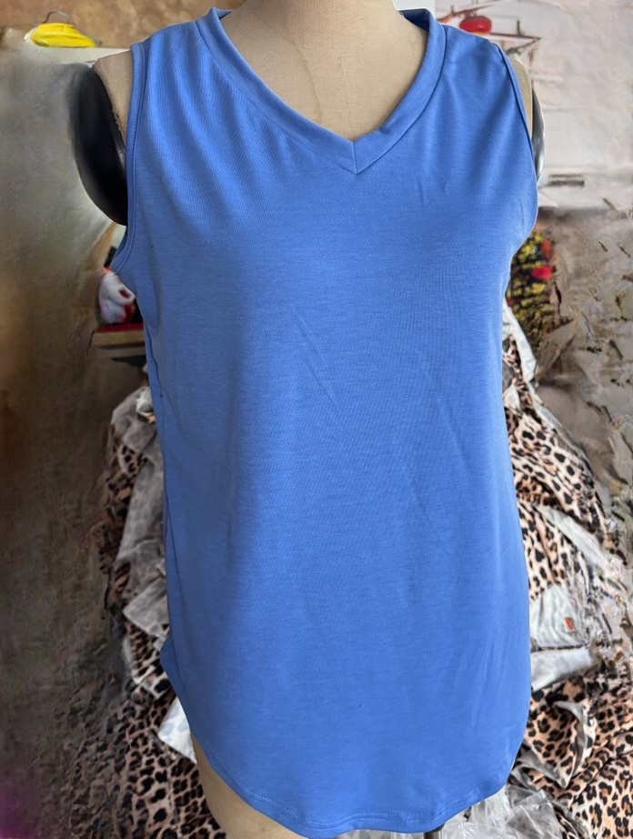 V-Neck Curved Hem Sleeveless Tank Top - Blue