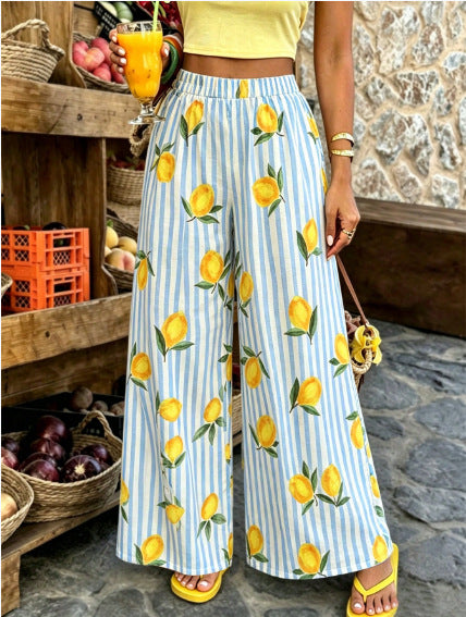 Novelty Print Elastic Waist Flowy Wide Leg Pants - Blue