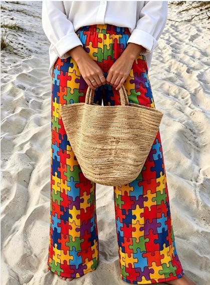Novelty Print Elastic Waist Flowy Wide Leg Pants - Colored - 1