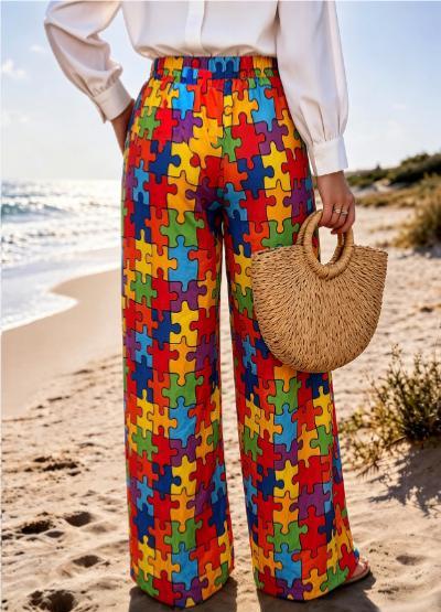 Novelty Print Elastic Waist Flowy Wide Leg Pants - Colored - 3