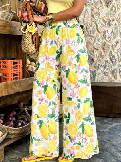 Novelty Print Elastic Waist Flowy Wide Leg Pants - Lemon