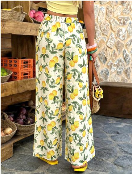 Novelty Print Elastic Waist Flowy Wide Leg Pants - Lemon - 2